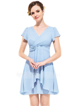 A-Line/Princess V-neck Short/Mini Chiffon Bridesmaid Dress With Flower ...