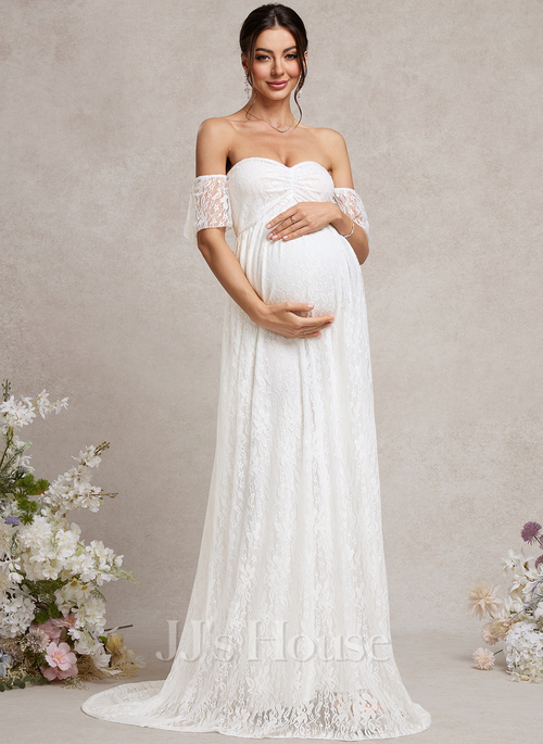 chinese dress ladies Momyknows White Off Shoulder Lace Bandeau Tie Front Mermaid Bandage Going Out Photoshoot Maternity Maxi Dress White / XXL