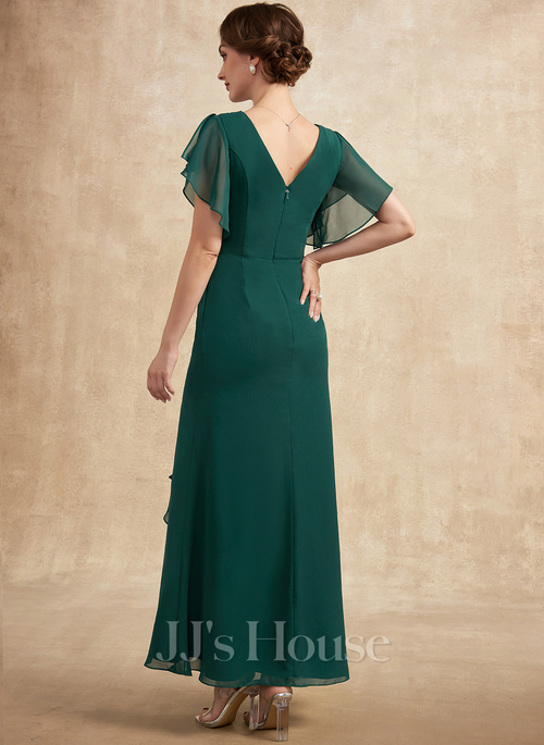 sheath column v neck floor length chiffon evening dress Sheath Floor Length Chiffon Half Sleeve Bridesmaid Dress COCOMELODY PR17024, Silver Cloud main image 0