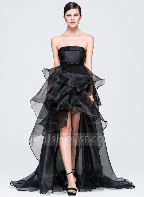 open lace back dress Zapaka Women Ruffled Formal Dress Organza High-Low Black Tie Dress, Black / US6