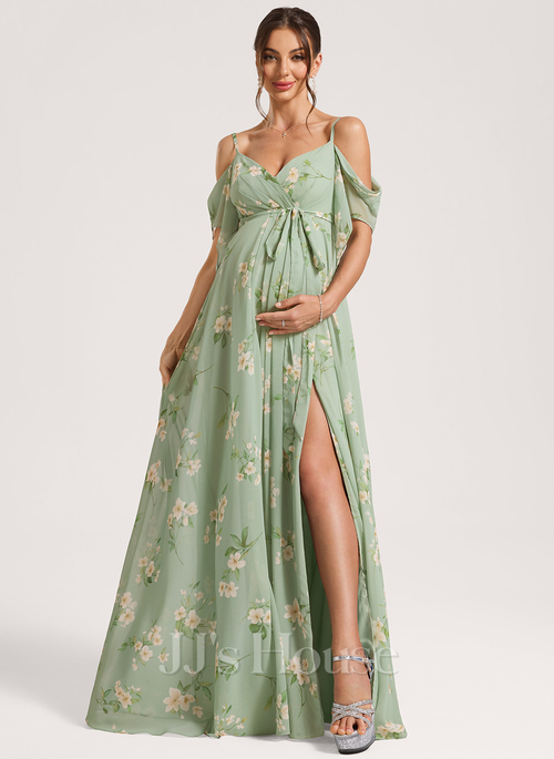 Chiffon Dress Maternity Cold Shoulder Floor Length Dress Off-Shoulder Sheer  Double Skirt Maternity Dress Ever-