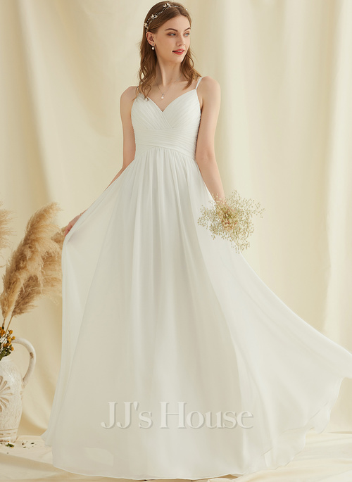 JJ's House A-line V-Neck Floor-Length Chiffon Wedding Dress 2026 - Size: 06, White