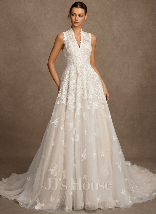 JJ's House Ball-Gown Princess High Neck V-Neck Cathedral Train Lace Tulle Wedding Dress 2026 With Sequins - Size: 22, Ivory-Rose. Plus Size Available.