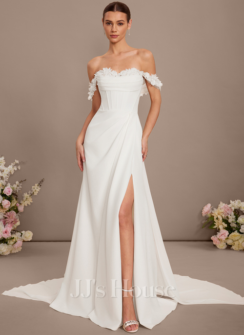 JJ's House A-line Off the Shoulder Sweetheart Detachable Court Train Chiffon Stretch Crepe Wedding Dress 2026 With 3D Floral - Size: 22. Plus Size. JJ's House A-line Off the Shoulder Sweetheart Detachable Court Train Chiffon Stretch Crepe Wedding Dress 2026 With 3D Floral - Size: 22. Plus Size.