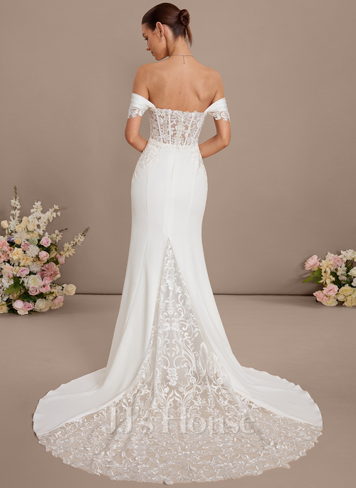 JJ's House Trumpet Mermaid Off the Shoulder Straight Court Train Lace Satin Wedding Dress 2026 - Size: 22, Champagne, Neutral. Plus Size Available. JJ's House Trumpet Mermaid Off the Shoulder Straight Court Train Lace Satin Wedding Dress 2026 - Size: 22, Champagne, Neutral. Plus Size Available.