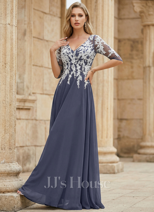 JJ's House A-line V-Neck Floor-Length Chiffon Lace Prom Dress 2026 - Size: 06, Stormy, Blue