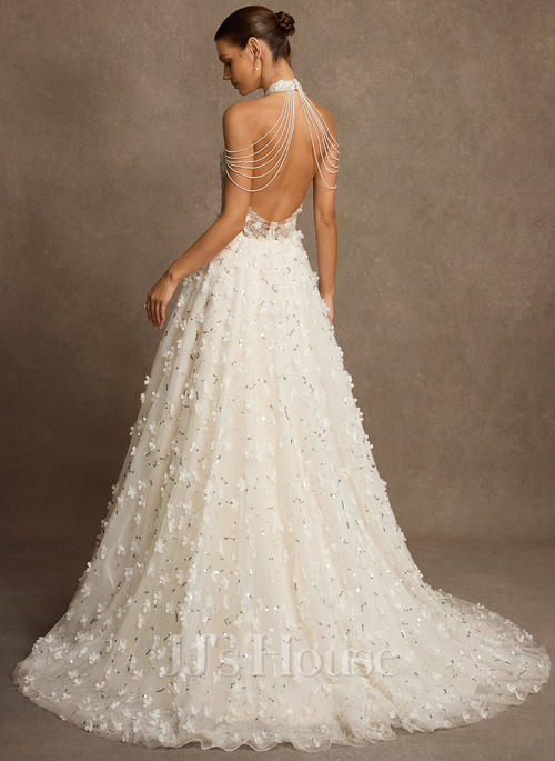 JJ's House A-line Halter Sweep Train Lace Wedding Dress 2026 With Beading Sequins - Size: 06, Ivory-Cream JJ's House A-line Halter Sweep Train Lace Wedding Dress 2026 With Beading Sequins - Size: 06, Ivory-Cream