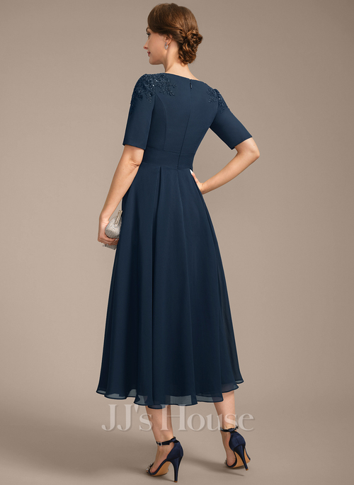 blue dress for baby girl Cicinia Navy Blue Mother of The Bride Dress Long Lace A-Line Tea Length Short Sleeves