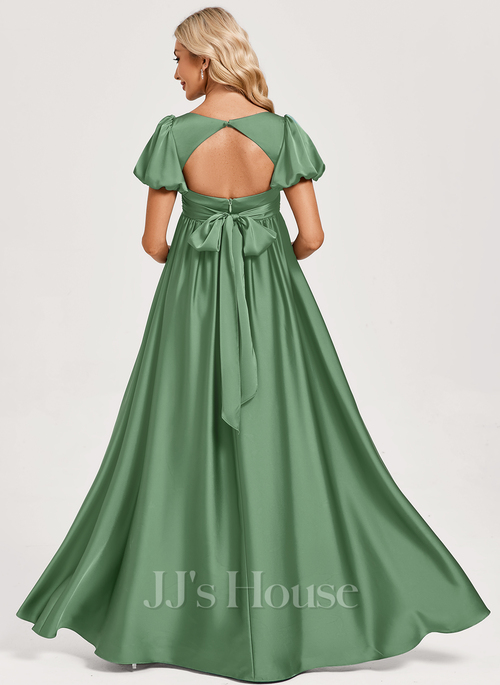 JJ's House A-line V-Neck Floor-Length Matte Satin Maternity Bridesmaid Dress 2026 With Bow Pleated - Size: 06, Eucalyptus, Green