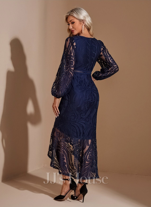 JJ's House V-Neck Long Sleeve Trumpet Mermaid Lace Asymmetrical Maxi Dress 2026 - Size: M, Blue