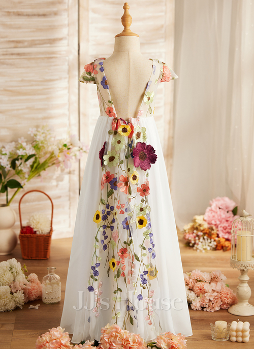 JJ's House A-line V-Neck Floor-Length Chiffon Lace Floral Flower Girl Dress 2026 - Size: 06, White