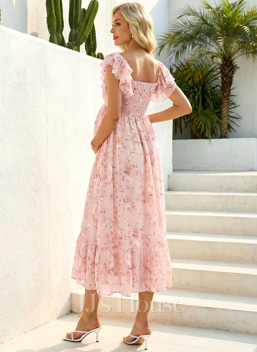 JJ's House A-line V-Neck Tea-Length Chiffon Printed Fabric Maternity Dress 2026 With Ruffle Floral Print Smocked - Size: L, Pink JJ's House A-line V-Neck Tea-Length Chiffon Printed Fabric Maternity Dress 2026 With Ruffle Floral Print Smocked - Size: L, Pink