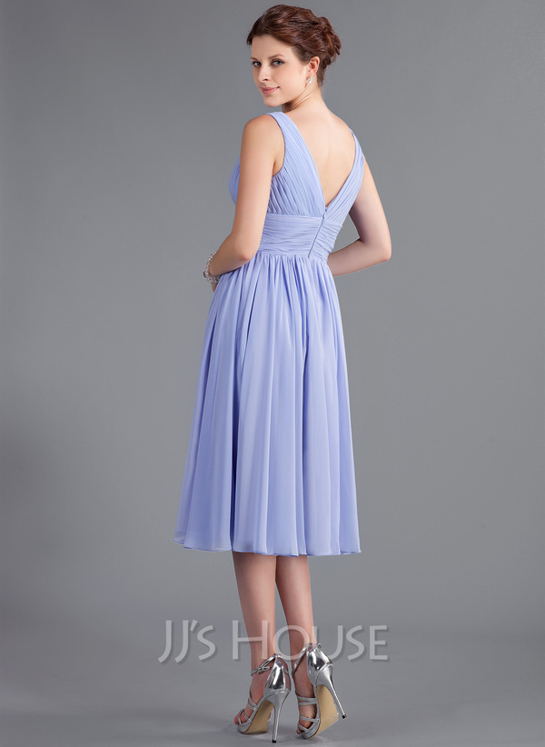 Tea-length V-Neck Chiffon A-Line Dress with Ruched Waist Champagne main image 0