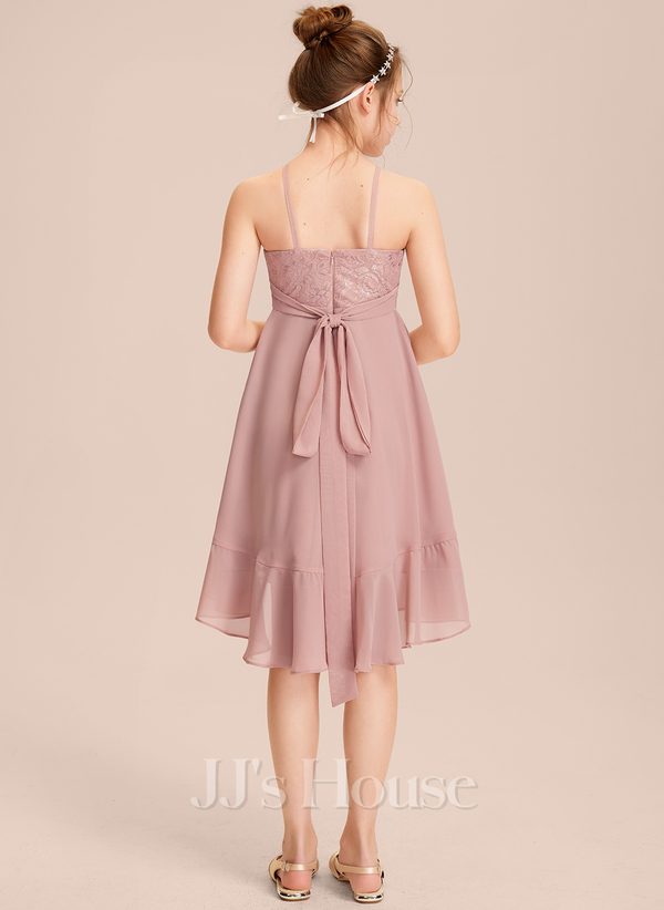 Half Sleeve Lace Bodice Chiffon Junior Bridesmaid Dresses Candy Pink