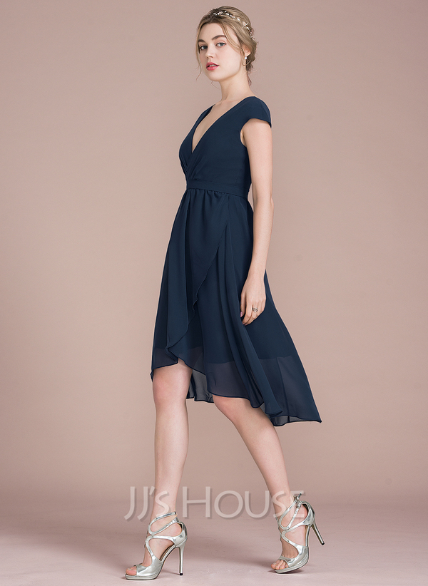 A-Line V-neck Asymmetrical Chiffon Cocktail Dress (016116507) - JJ's House
