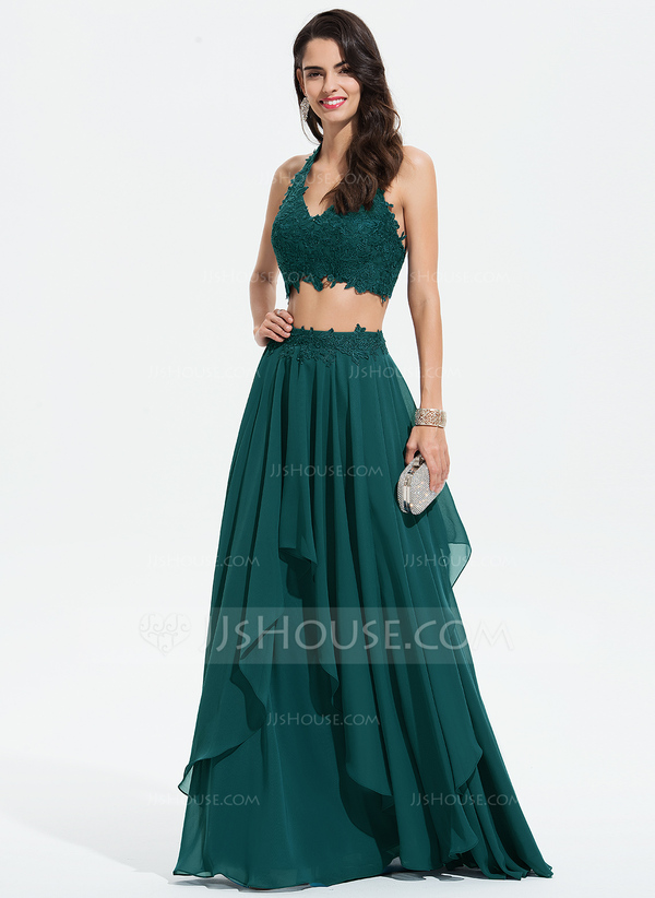 Chiffon Floor Length Prom Dresses A-Line Halter Open Back Pleats main image 0