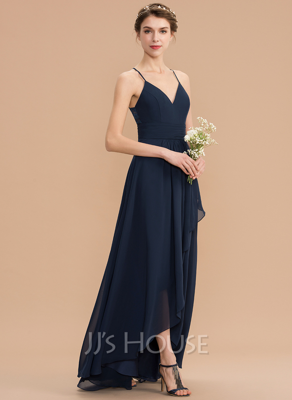A-Line V-neck Asymmetrical Chiffon Lace Prom Dresses With Cascading ...