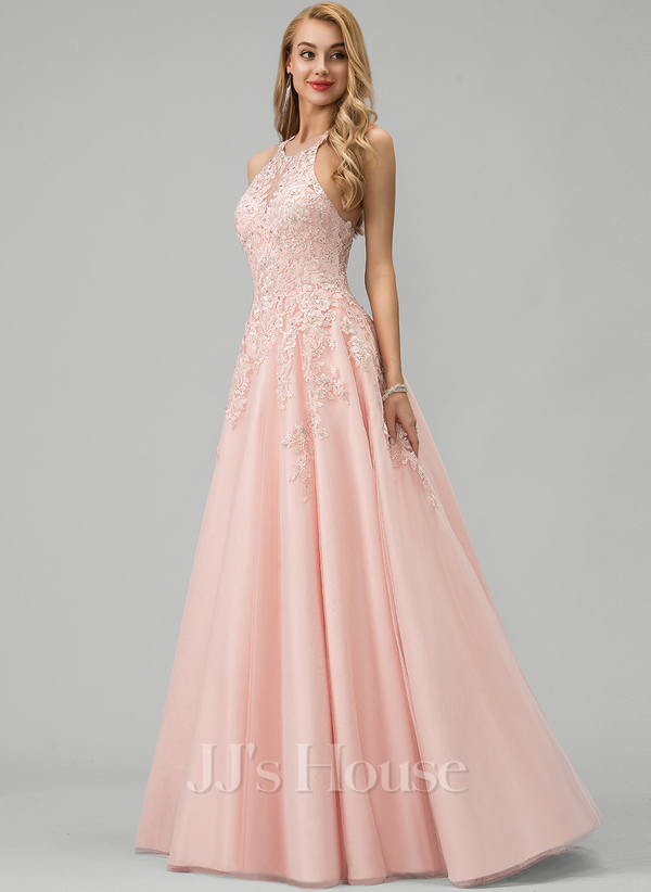 Ball-Gown/Princess Scoop Illusion Floor-Length Tulle Lace Prom Dresses main image 1