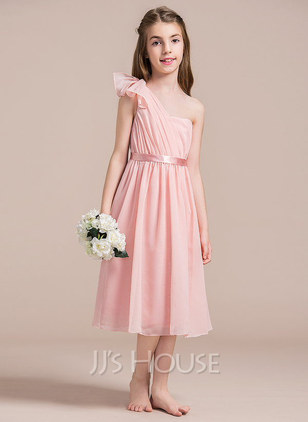 One Shoulder Pleated Junior Bridesmaid Dress With Flowers Tangerine main image 1