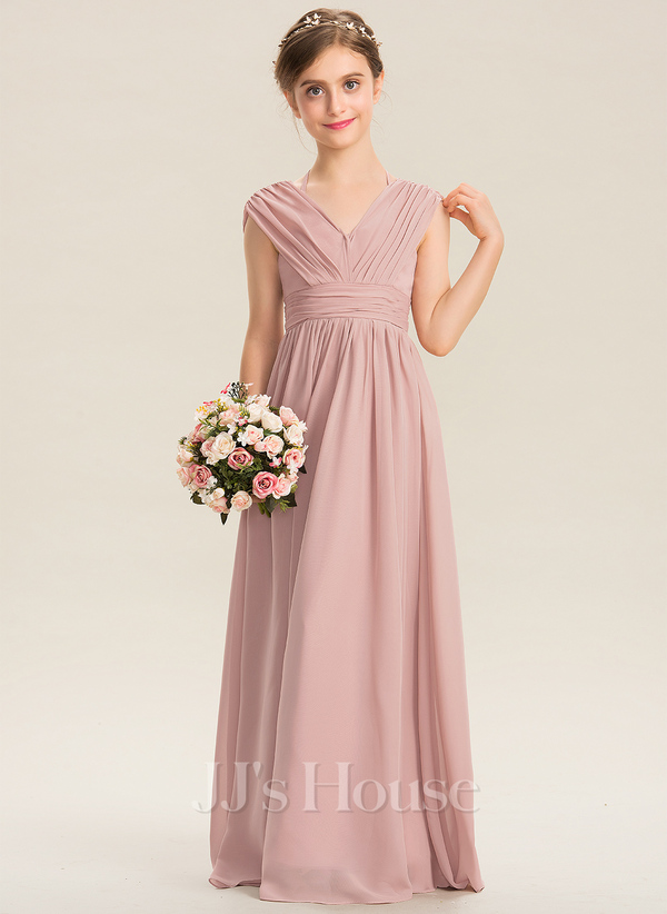 V-neck Chiffon Floor-Length Junior Bridesmaid Dresses Mist