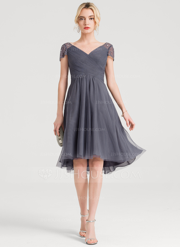 A Line V Neck Asymmetrical Ruffles Tulle Prom Dresses LBQ3433 main image 1