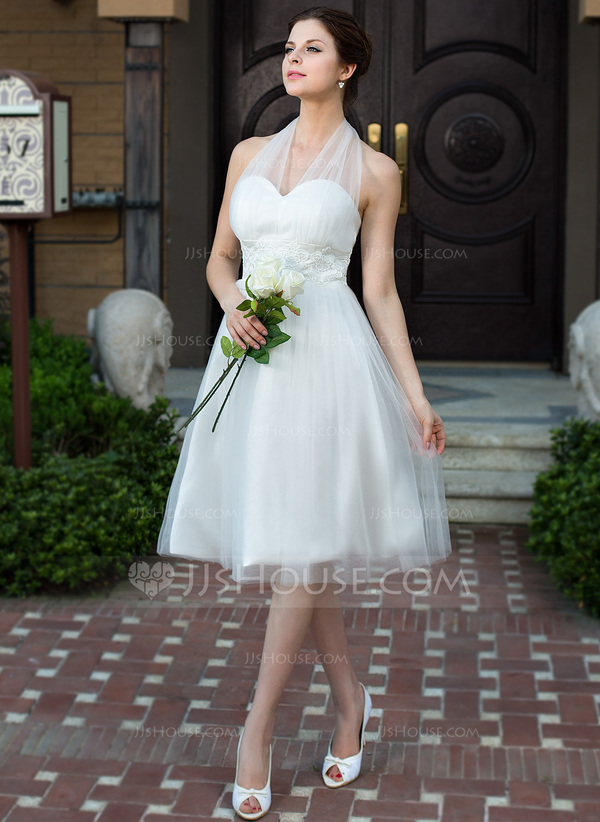 A Line/Princess Halter Neck Sleeveless Knee-Length Wedding Dress with Ruffles main image 1