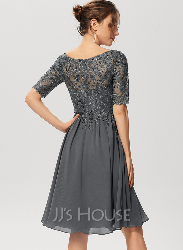 A-Line V-neck Knee-Length Chiffon Lace Cocktail Dress With Beading ...