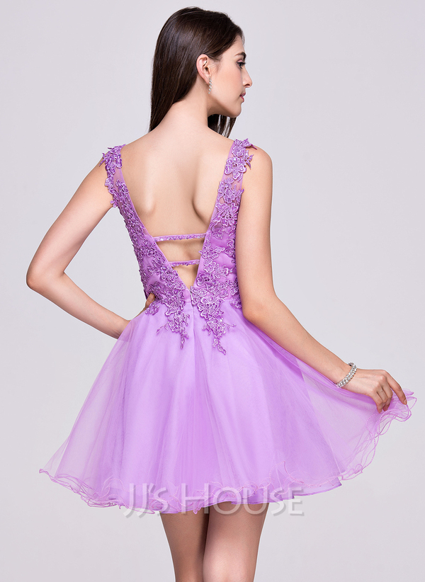 A-Line/Princess V Neck Lilac Sleeveless Short/Mini Tulle Homecoming Dress With Belt