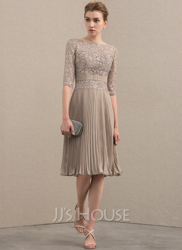 A-Line/Princess Scoop Neck Knee-Length Chiffon Lace Cocktail Dress With ...