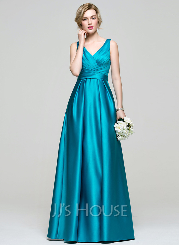 Ball Gown Sleeveless V Neck Pleats Floor Length Satin Prom Dresses with Pockets LBQ3416 main image 1