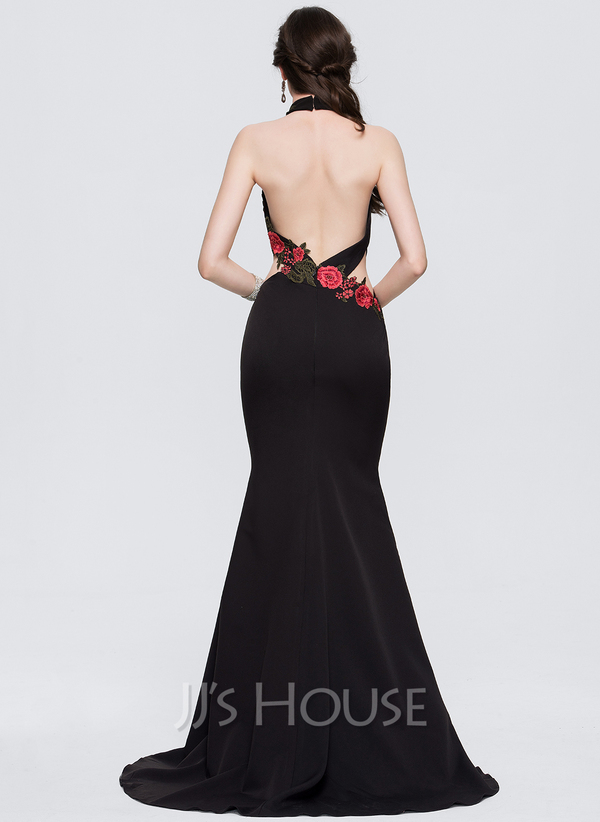 Trumpet/Mermaid Scoop Sweep Train Stretch Crepe Wedding Dresses With Appliques Lace main image 0