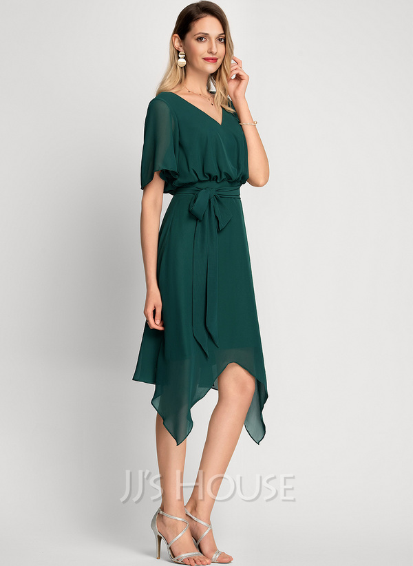 A-Line V-neck Asymmetrical Chiffon Cocktail Dress (016212855) - JJ's House