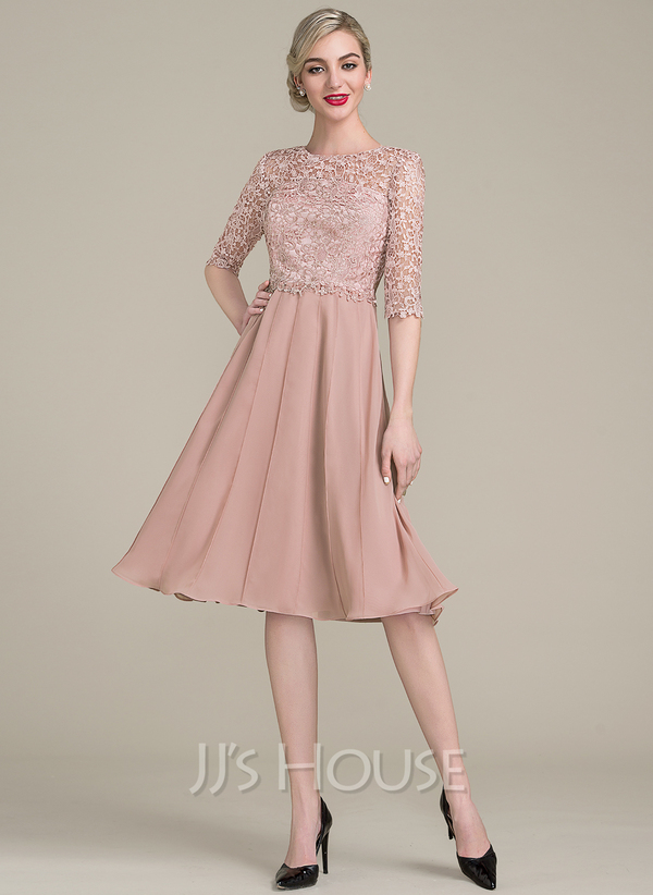 A-Line/Princess Scoop Neck Knee-Length Chiffon Lace Cocktail Dress ...