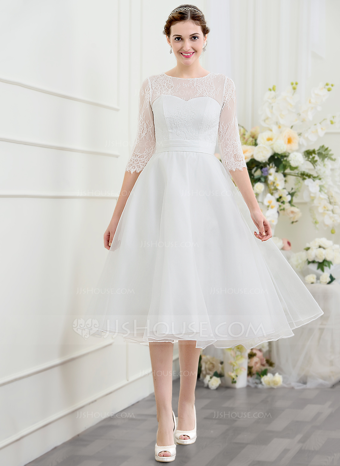 Tea Length Organza A Line Straps White Wedding Dress