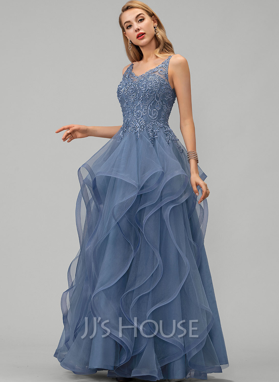 Princess Plunging Sleeveless Floor-Length Tulle Ball Gown Prom Dress, Lace Beaded main image 0