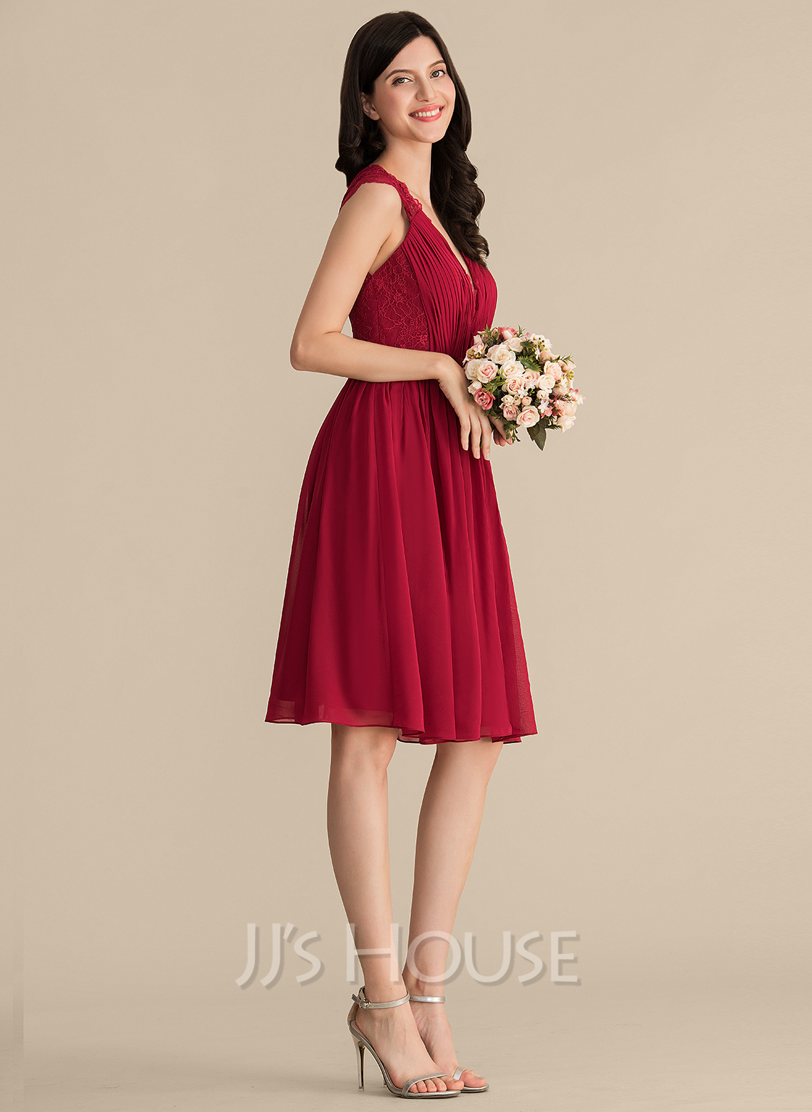 A-Line V-neck Knee-Length Chiffon Lace Cocktail Dress With Ruffle ...