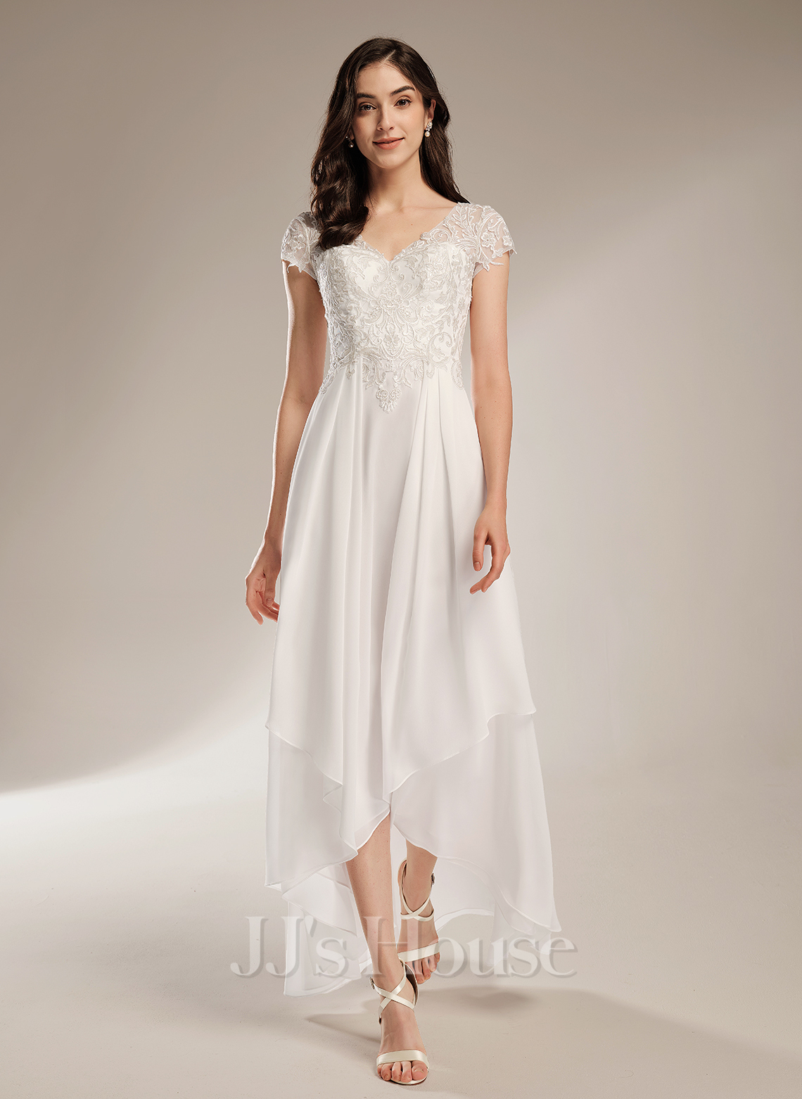 A-Line V-neck Asymmetrical Chiffon Lace Wedding Dress (002265536) - JJ ...