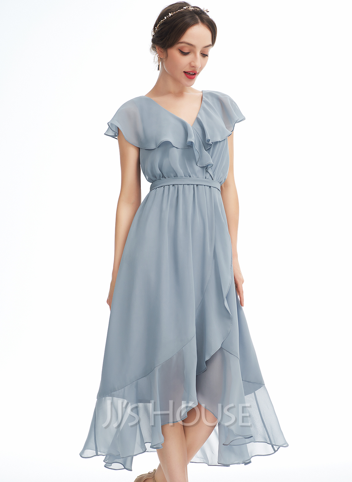 A-Line V-neck Asymmetrical Cocktail Dress With Ruffle (016258425) - JJ ...