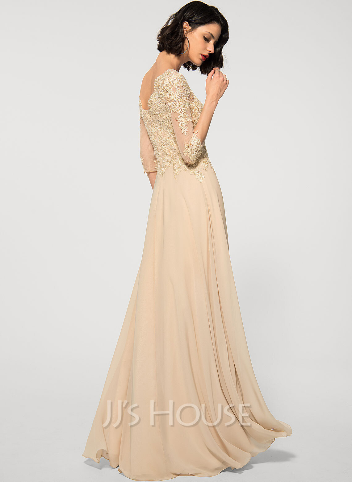 A-Line V-neck Floor-Length Chiffon Lace Evening Dress (017219190) - JJ ...