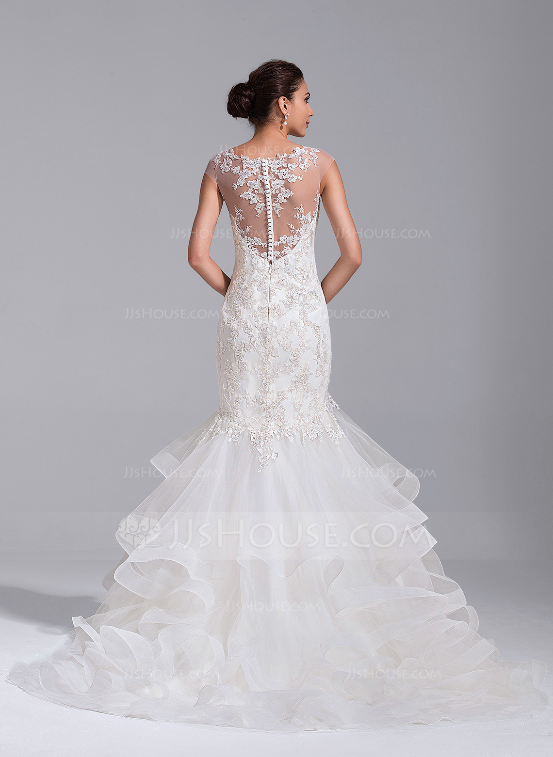 Elegant Trumpet/Mermaid Illusion Tulle Court Train Wedding Dresses with Appliques Lace main image 1