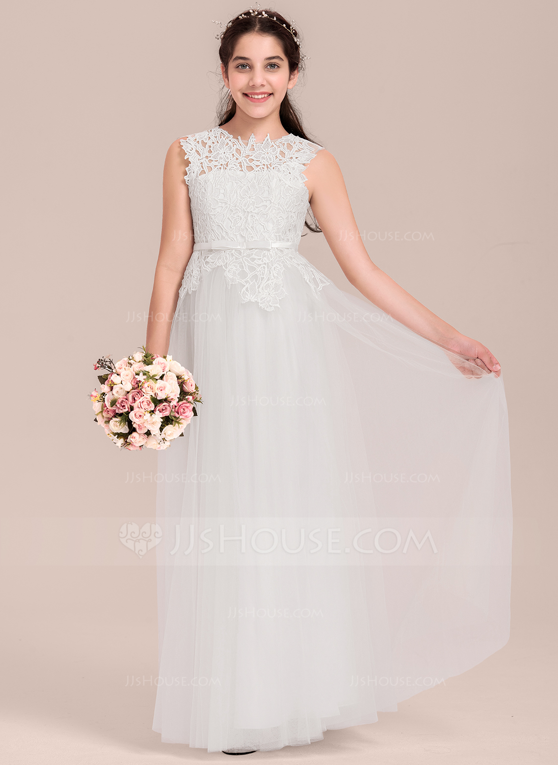 A-Line/Princess Lace 3/4 Sleeves Scoop Neck Floor-Length Flower Girl Dresses main image 1