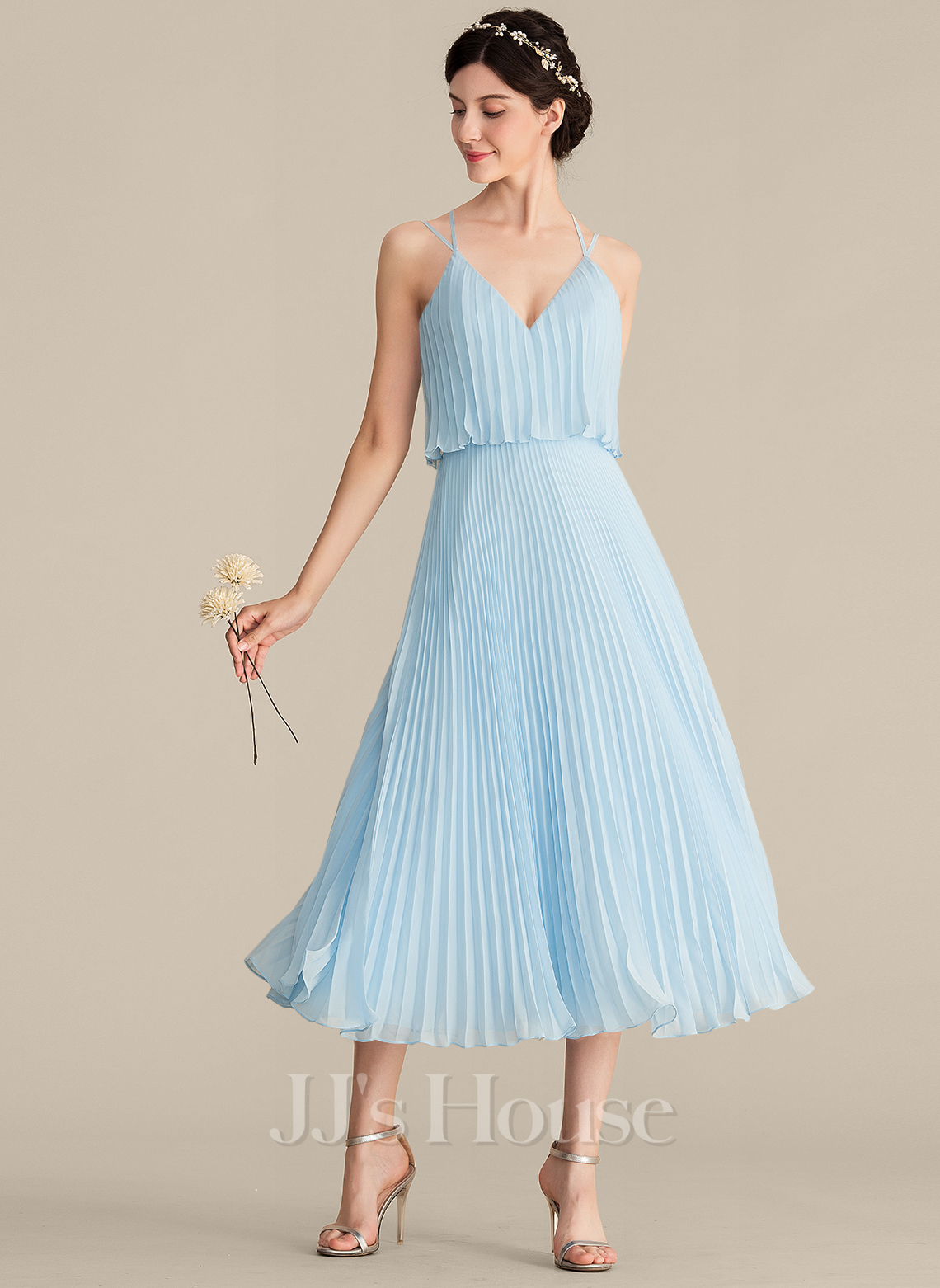 Tea-length V-Neck Chiffon A-Line Dress with Ruched Waist Watermelon main image 1