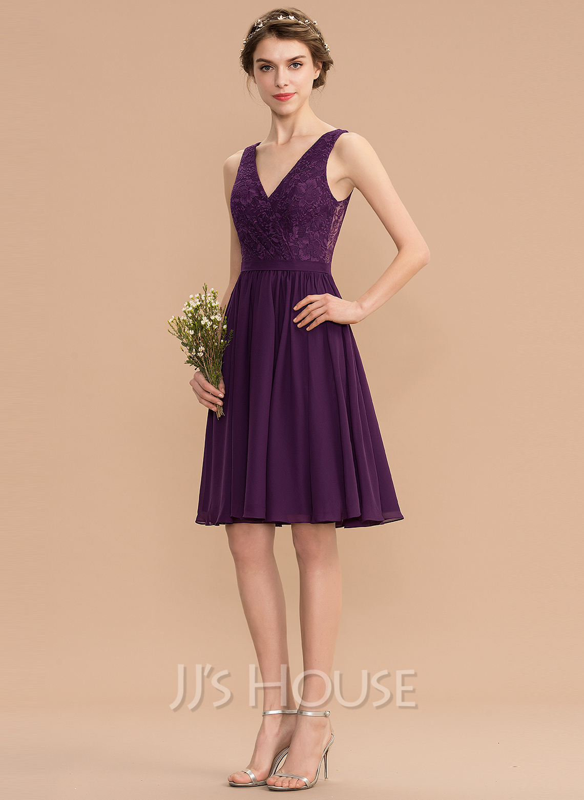 A-Line V-neck Knee-Length Chiffon Lace Bridesmaid Dress With Ruffle ...