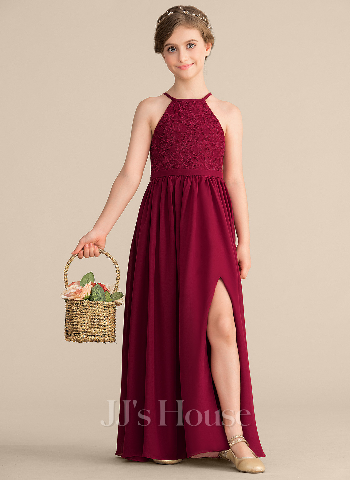 Princess A-Line Strap Floor Length Chiffon Lace Junior Bridesmaid Dress With Ruched Side-Draped for Wedding Party