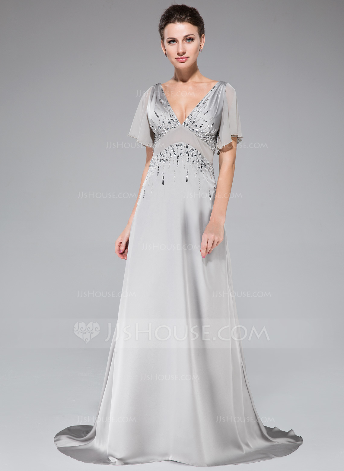 A-line/Princess V Neck Sleeveless Sweep Train Sequined Evening Dress Formal Gown main image 1