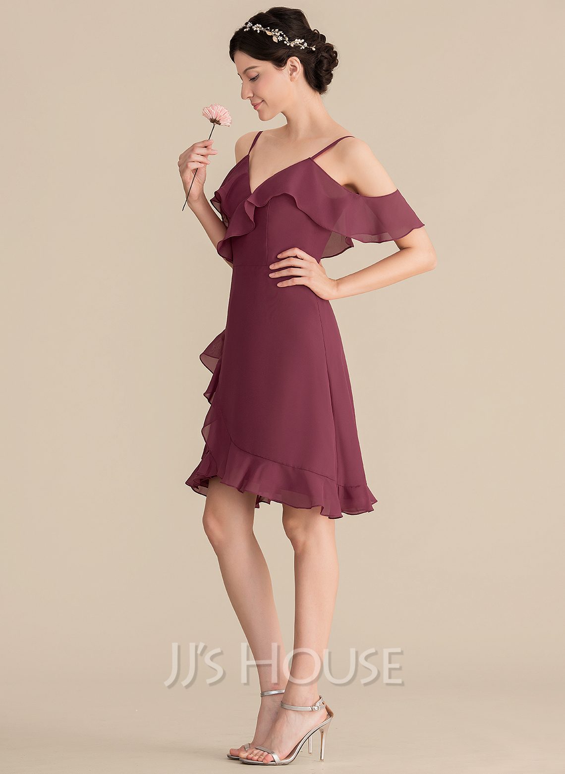 A-Line V-neck Knee-Length Chiffon Cocktail Dress With Cascading Ruffles ...