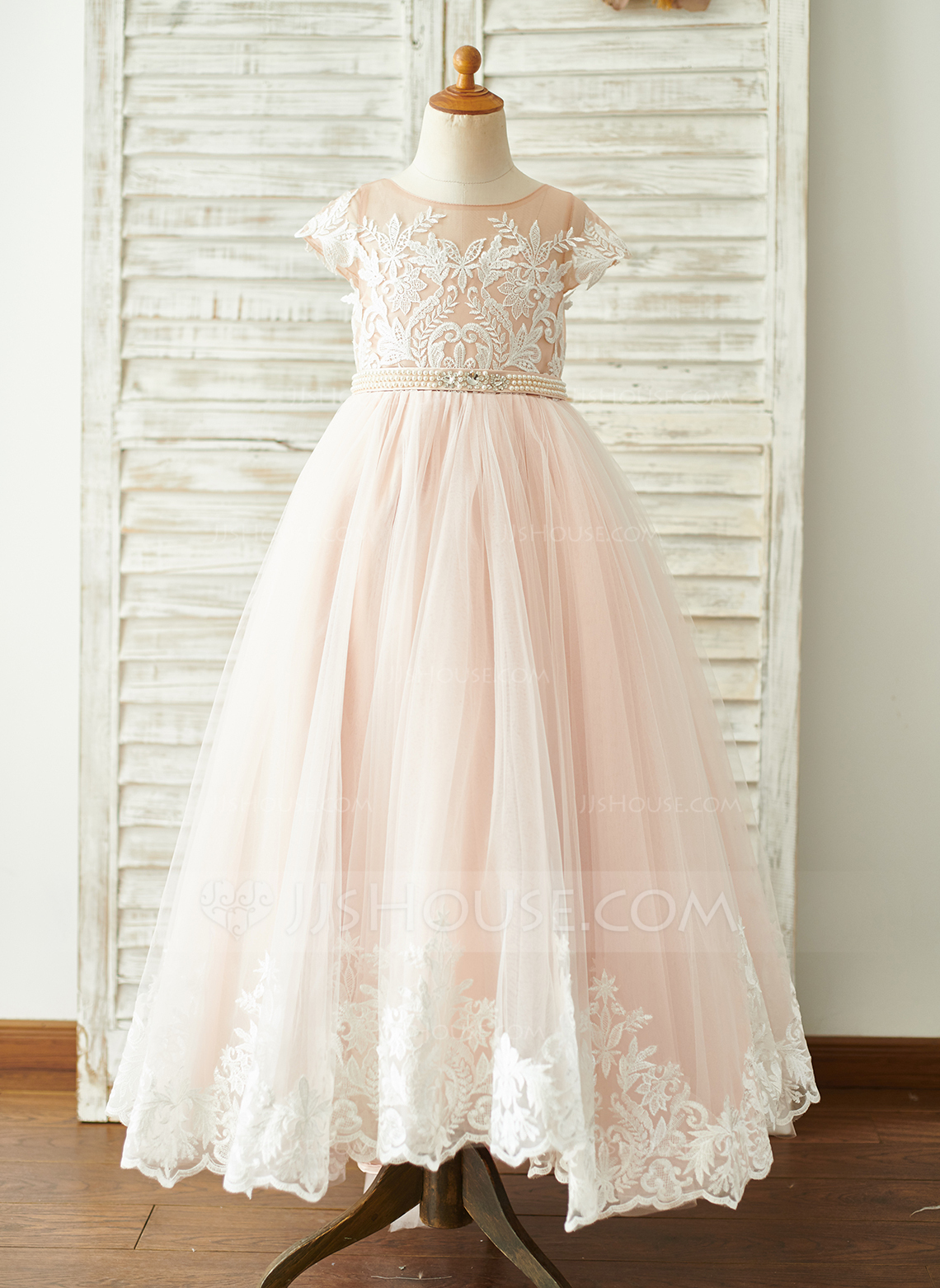 Lace Beading Appliques Buttons Ball Gown Sweep / Brush Train Flower Girl Dress