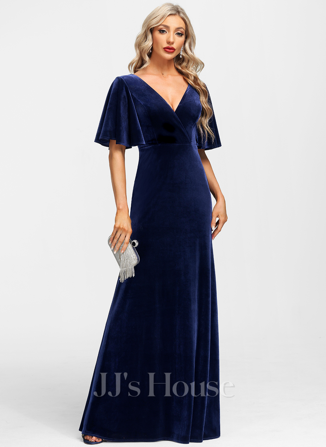 V-neck Floor-length Sheath Velvet Dress With Slit Dark Navy main image 0