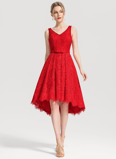 A-Line V-neck Asymmetrical Lace Cocktail Dress With Beading Sequins Bow ...