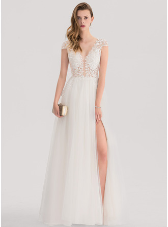 Princess V-Neck Floor-length Tulle Prom Dresses Jade